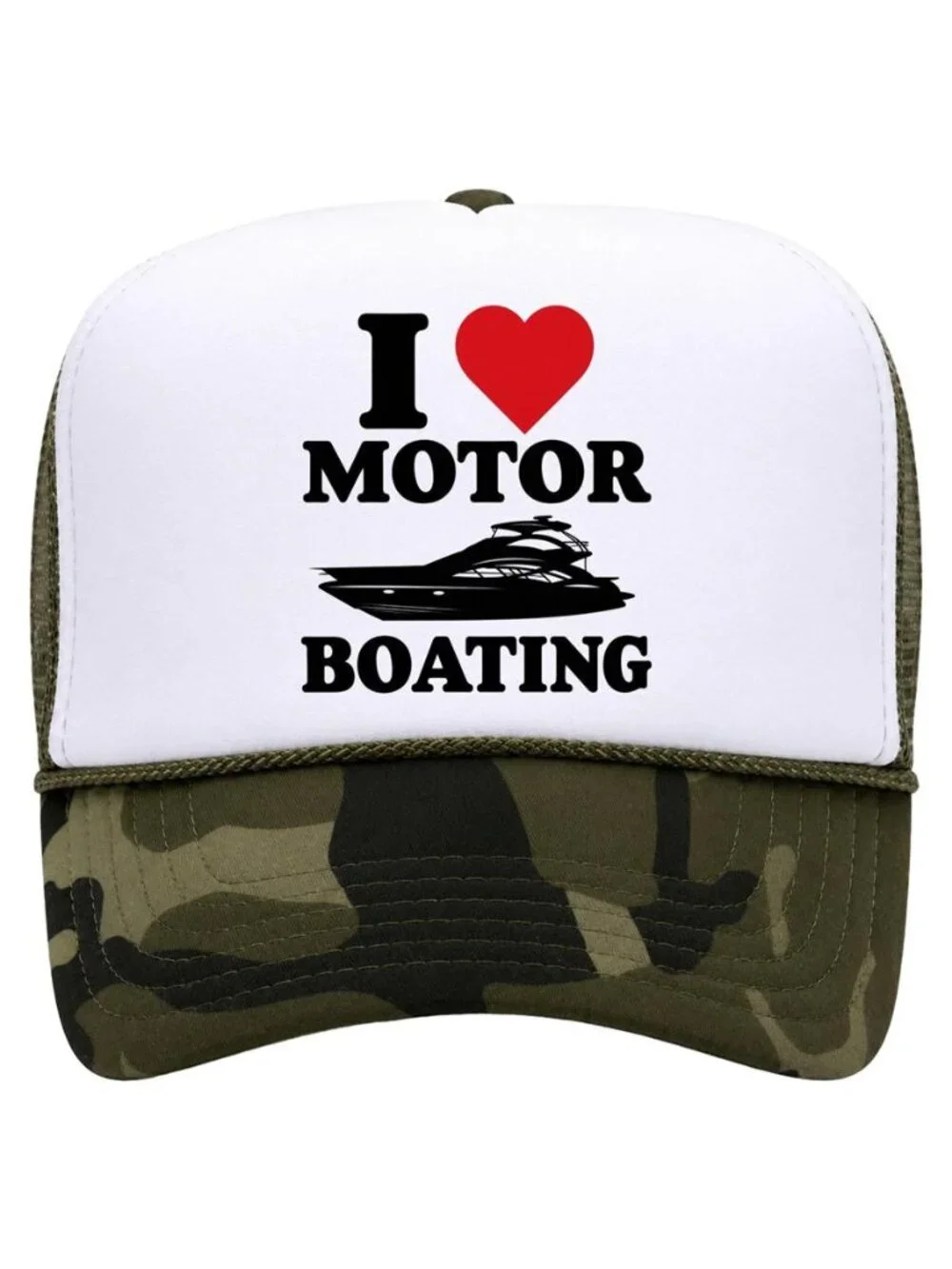 I Love Motor Boating Funny Yacht Camo White Foam Rope Snapback Trucker Hat Retro